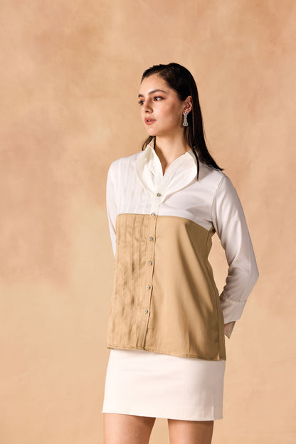 Two Tone Pintuck Pleated Button-up Satin Shirt