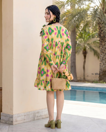 Pastel Yellow Tiered Ikat Dress