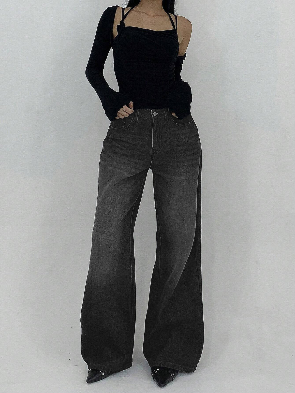 Space Black Washed Wide Leg Jeans