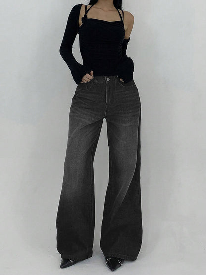 Space Black Washed Wide Leg Jeans