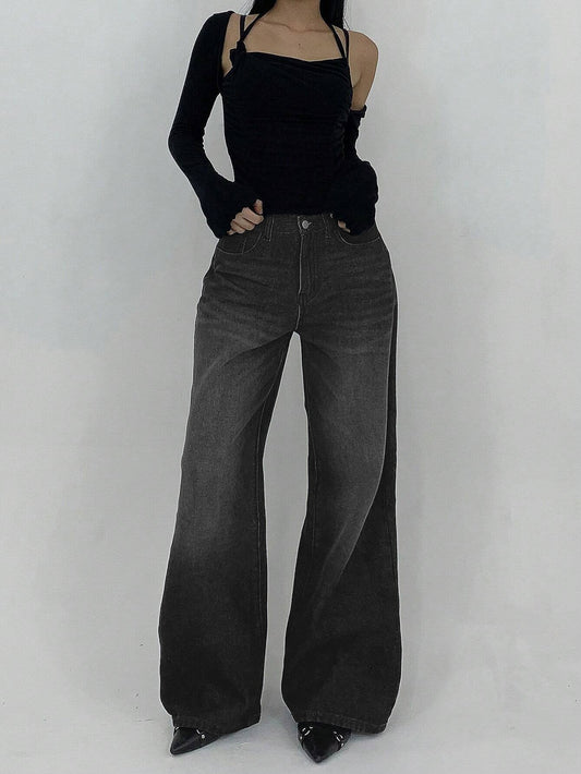 Space Black Washed Wide Leg Jeans