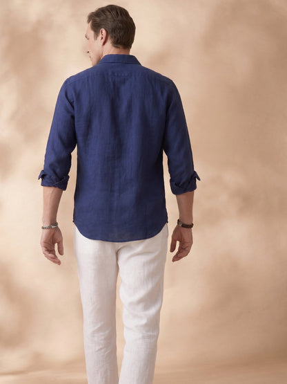 Slim Fit Linen Navy Blue Casual Shirt for Men (JANVO)