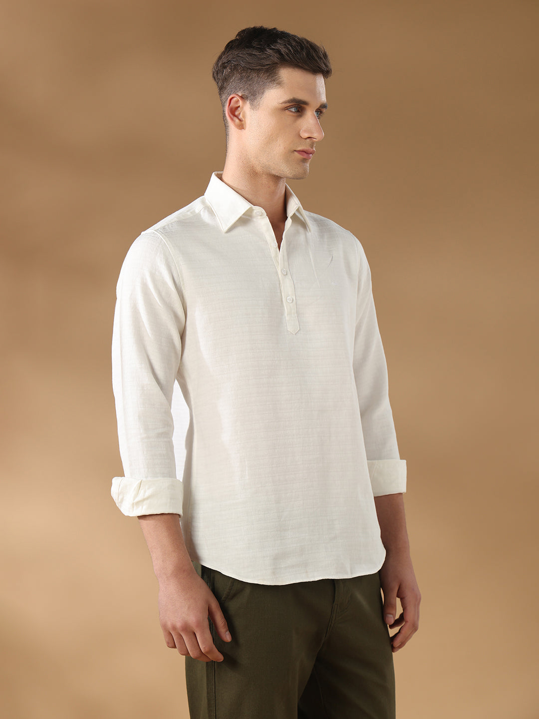 Off White Regular Fit Casual Linen Blend Shirt for men (DAFEN)