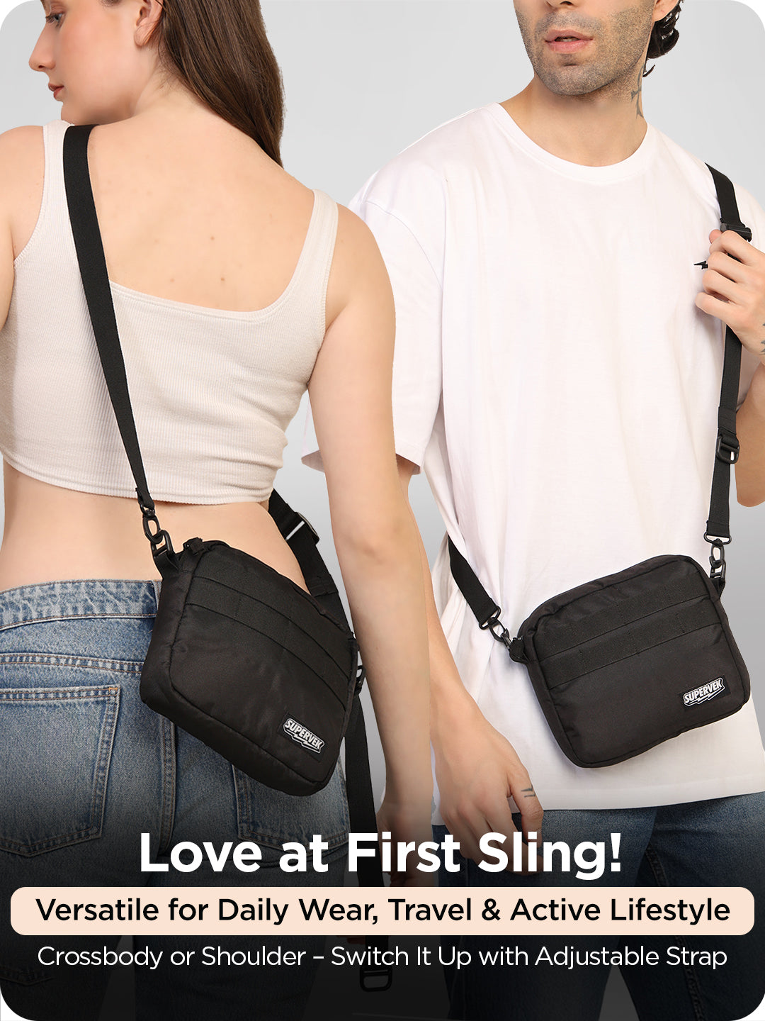 Supervek black mini "Messenger" bag worn by man and woman crossbody, versatile for travel and active lifestyle