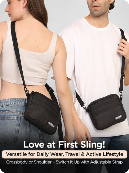 Supervek black mini "Messenger" bag worn by man and woman crossbody, versatile for travel and active lifestyle
