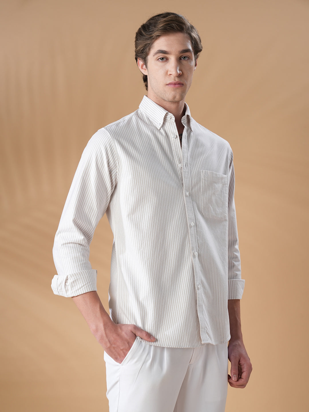 White-Beige Regular Fit Cotton Casual Shirt for Men (OPALE)