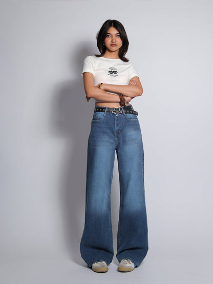 Luxe Drip Blue Washed Stretchable Wide Leg Jeans