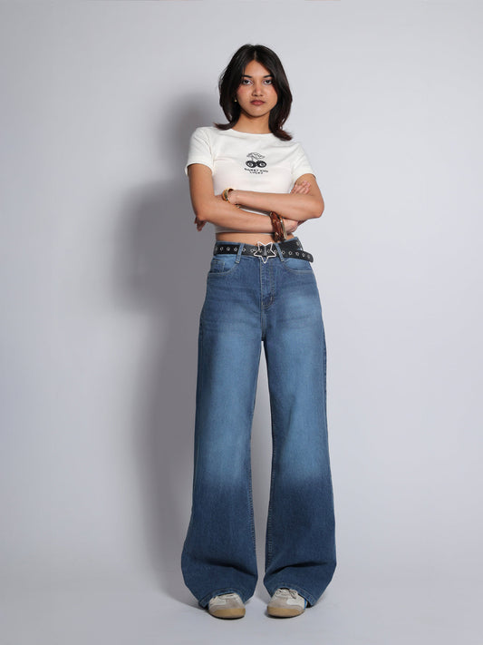 Luxe Drip Blue Washed Stretchable Wide Leg Jeans