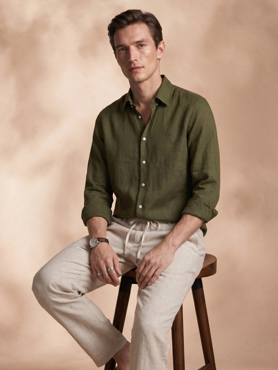 Regular Fit Linen Olive Green Casual Shirt for Men (LITRO)