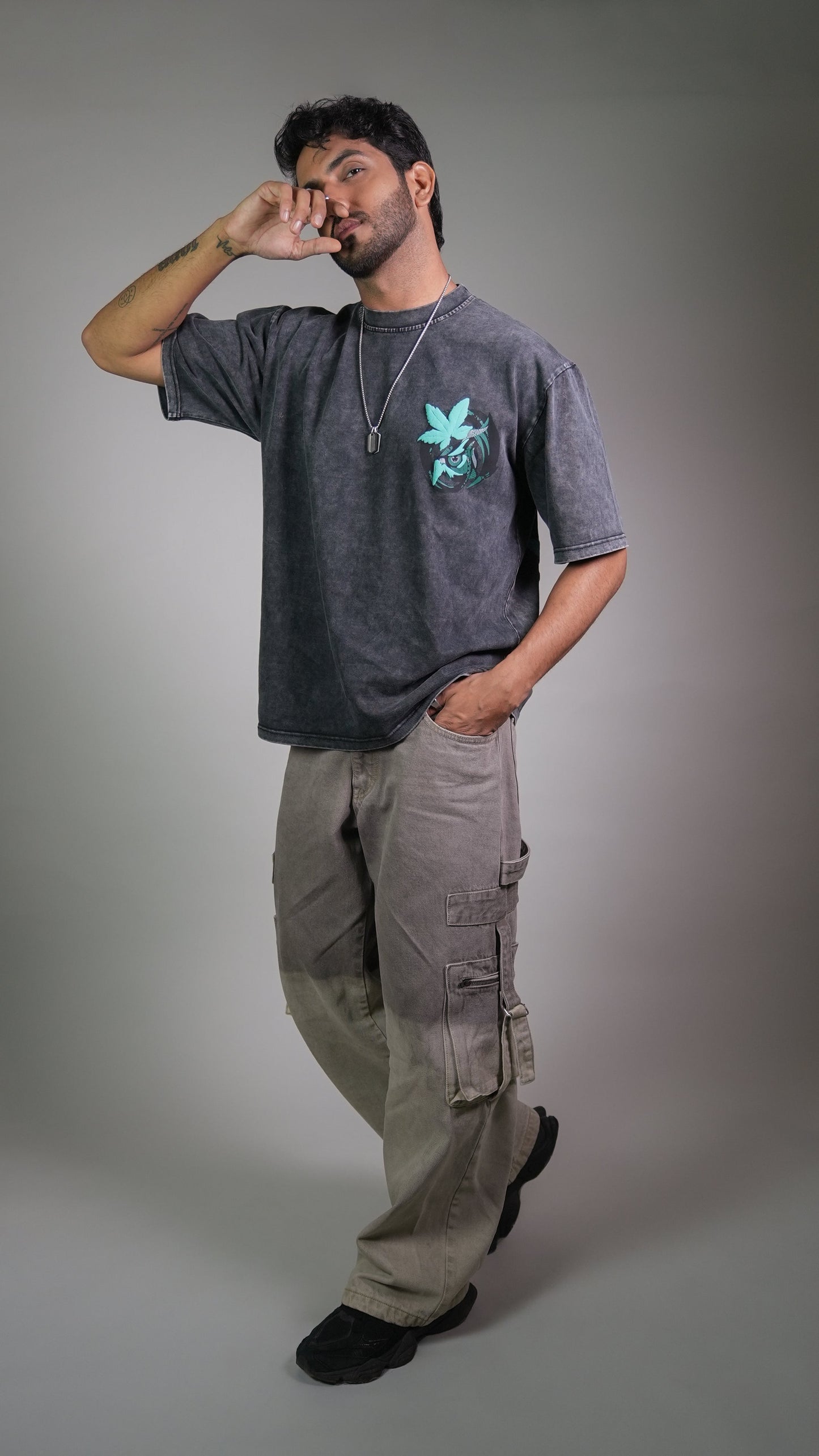 Owl Vision Dark Grey Acidwash Men’S Oversized T-Shirt Rustlines