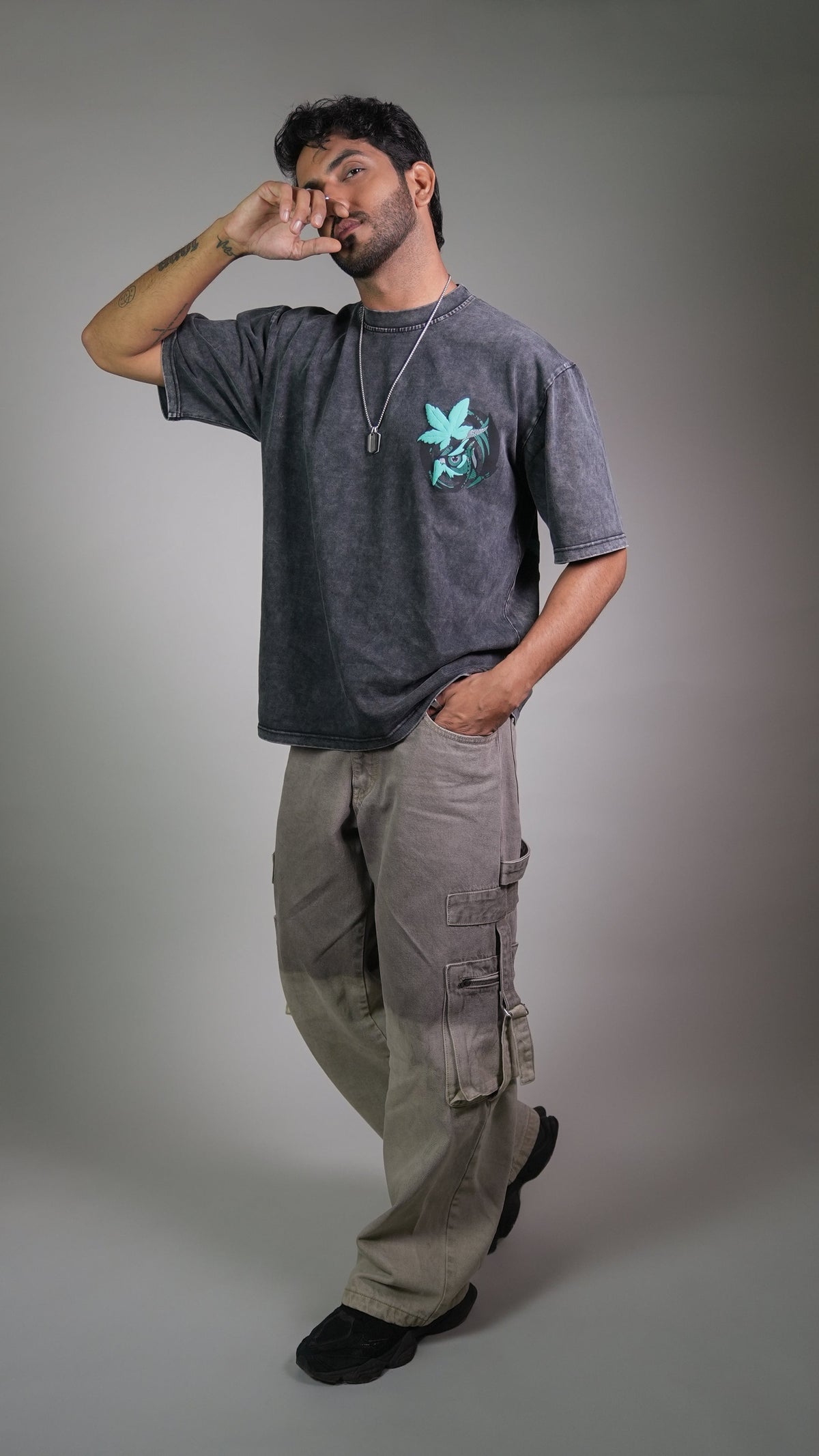 Owl Vision Dark Grey Acidwash Men’S Oversized T-Shirt Rustlines