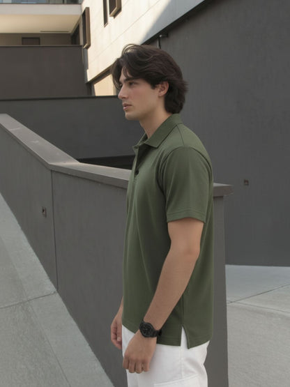 Men Solid Army Green Cotton Polo Collar Half Sleeve Regular Fit T-Shirt
