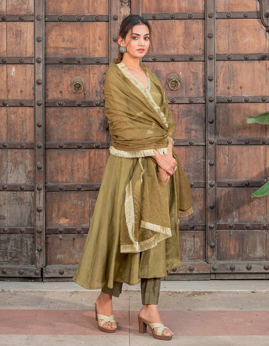 Olive Kalidaar Tissue Suit Set