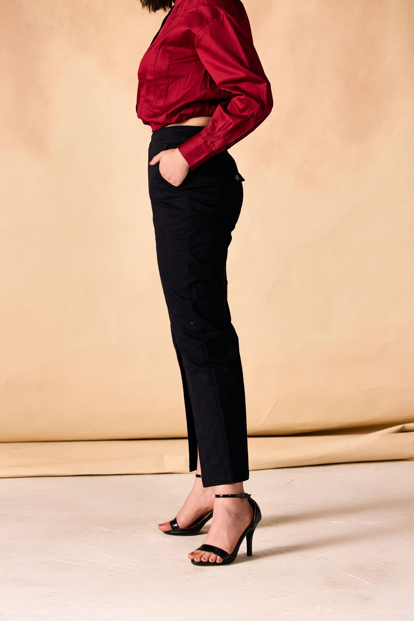 Black Front Slit Hem Straight-Leg Pants