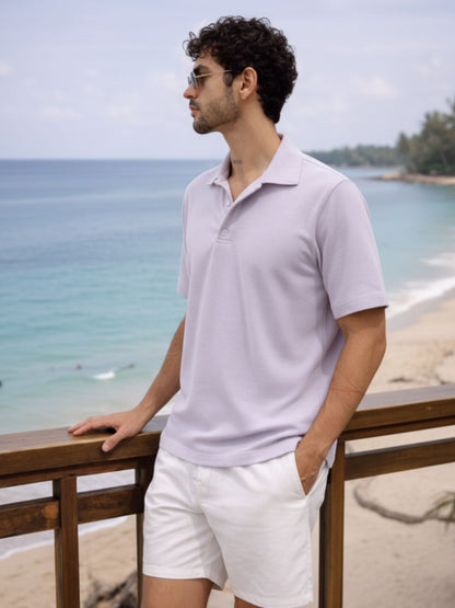 Men Solid Light Purple Cotton Polo Collar Half Sleeve Regular Fit T-Shirt