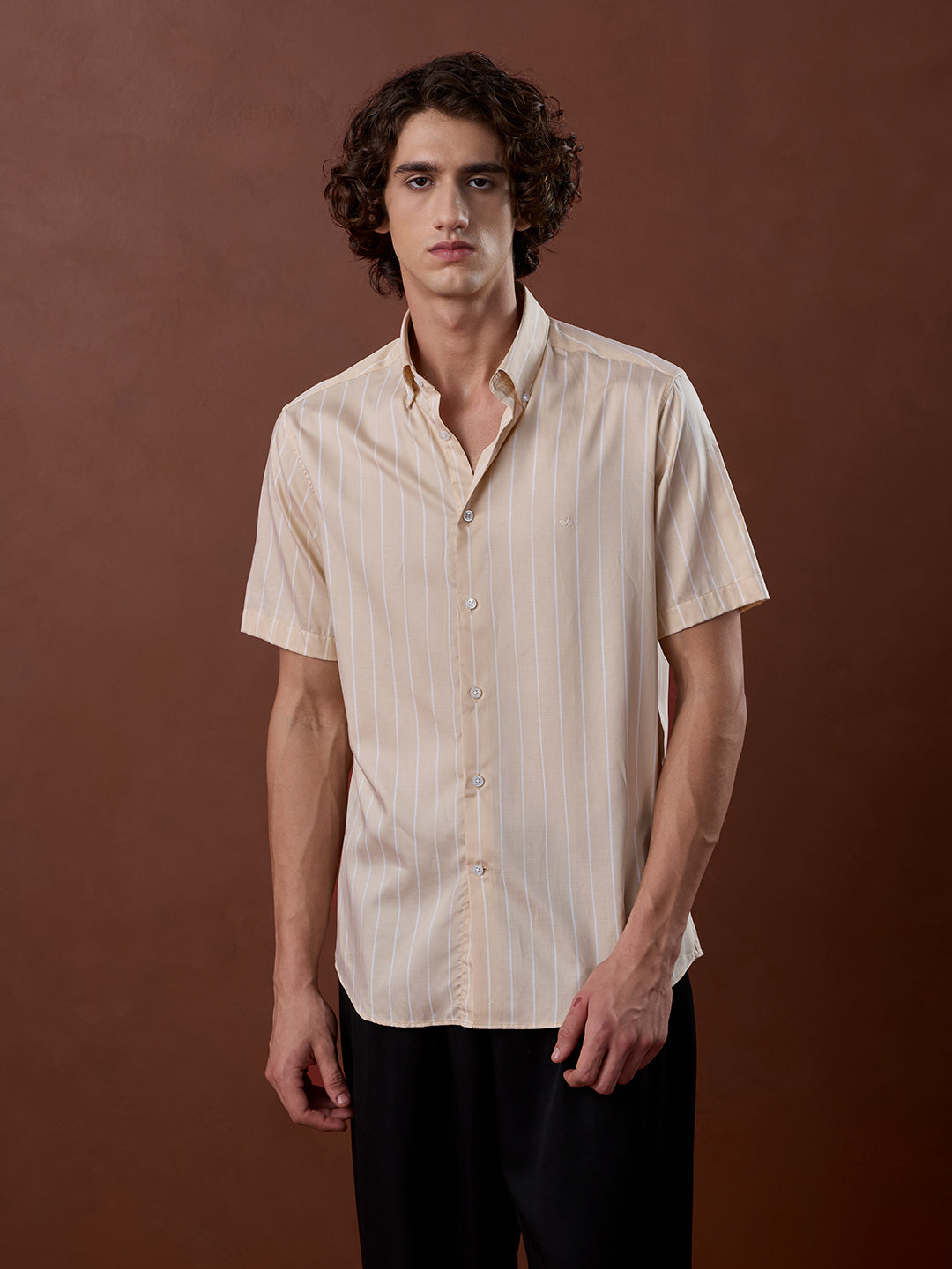 Beige Regular Fit Striped Smart Casual Cotton Shirt for Men (LARIN)