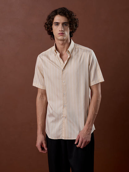 Beige Regular Fit Striped Smart Casual Cotton Shirt for Men (LARIN)