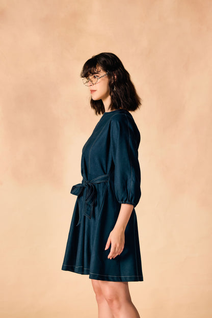 Contrast Stitch Tie Waist Fit & Flare Dress
