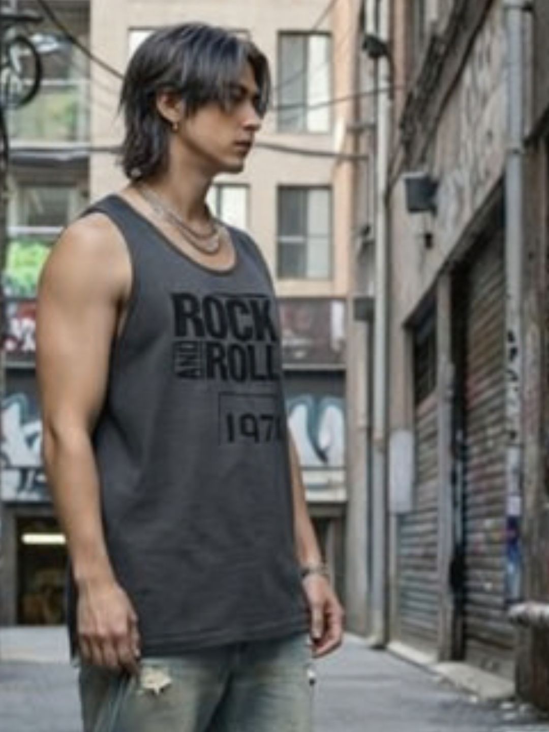 Dark Grey Sleeveless Typography Print Cotton Round Neck Men T-Shirt