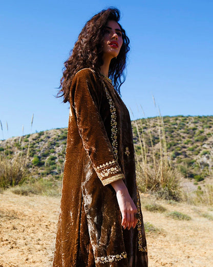 BROWN SILK VELVET KURTA SET