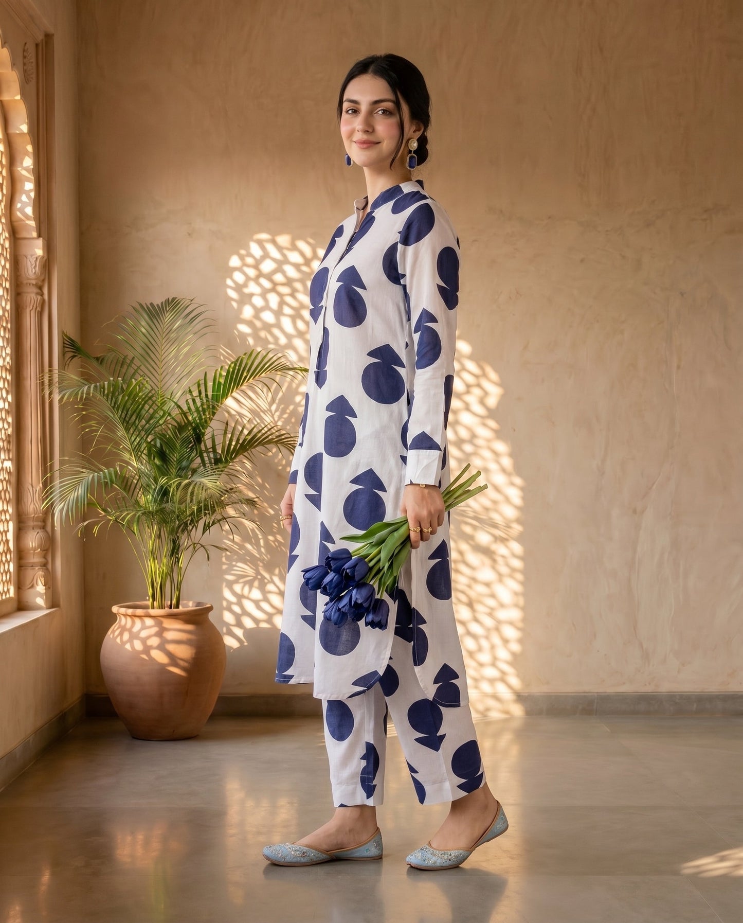 Off White Polka Kurta Set