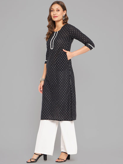 Women Black Woven Design Kurta With Lace