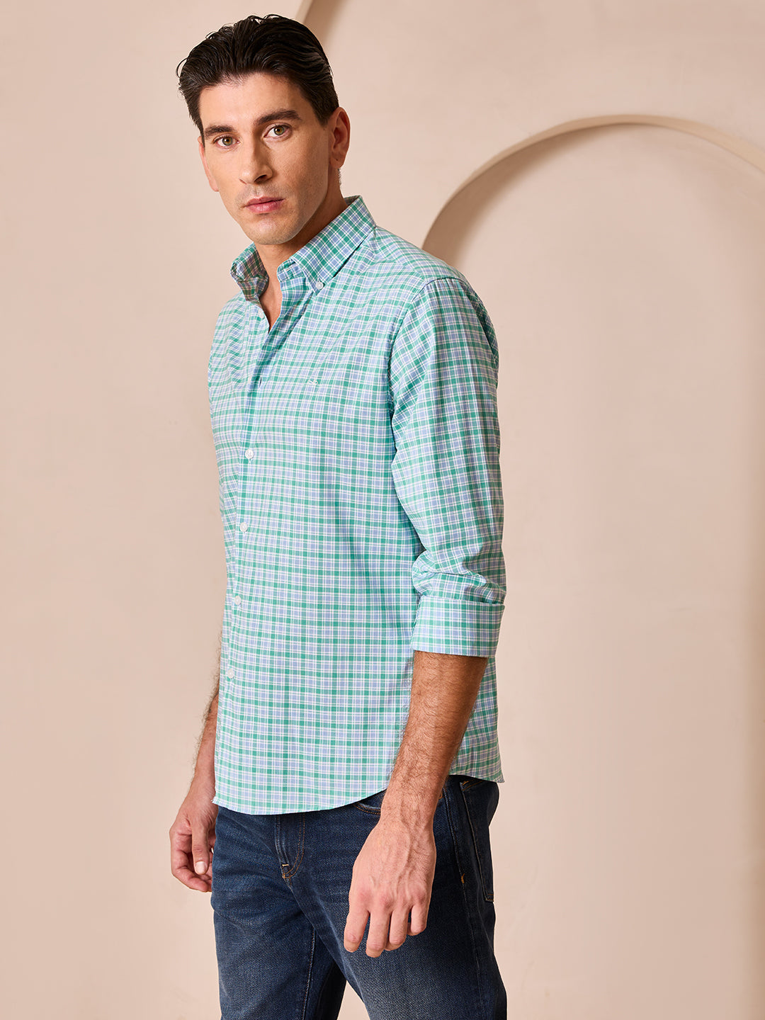 Green-Blue Regular Fit Checks Casual Shirt for Men (CALMA)