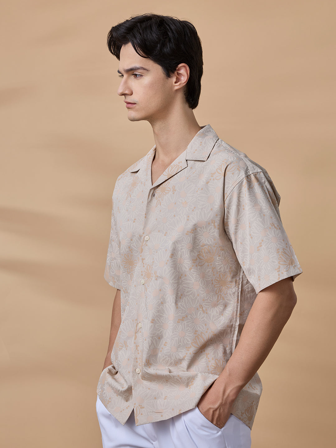 Beige Regular Fit Printed Casual Cotton Shirt for Men (LINDO)