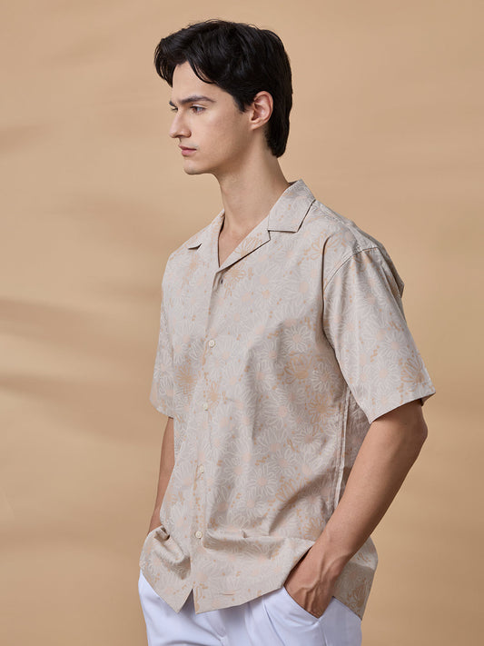 Beige Regular Fit Printed Casual Cotton Shirt for Men (LINDO)