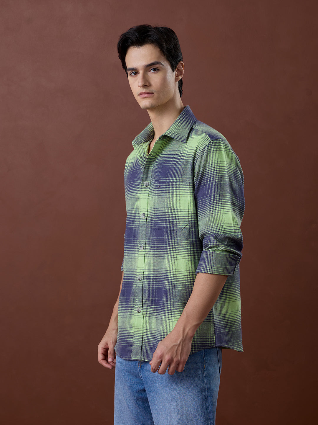 Green Regular Fit Checked Casual Cotton Shirt for Men (LALIN)