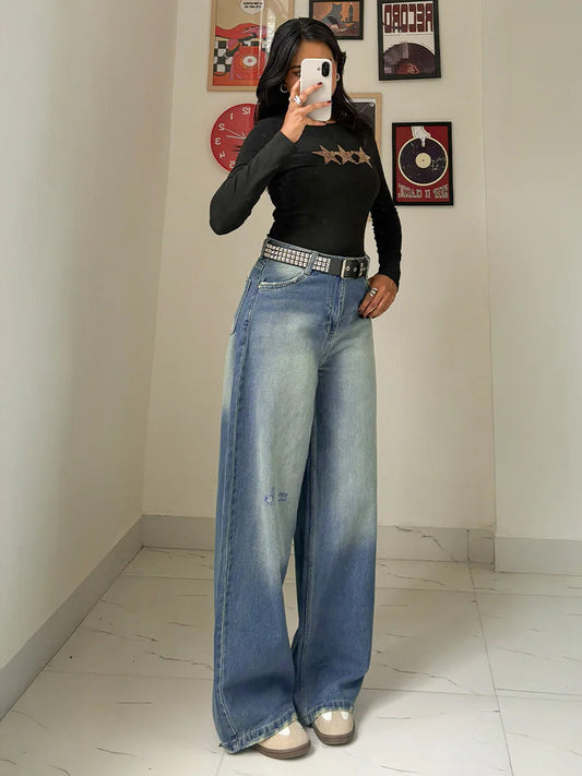 Airy Blue Washed Wide Leg Jeans