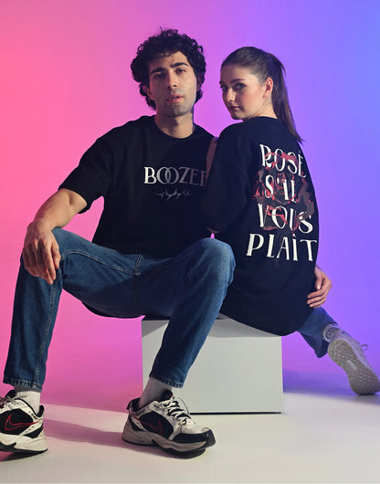 Rose S'il Vous Plait Printed Black T-Shirt Boozee