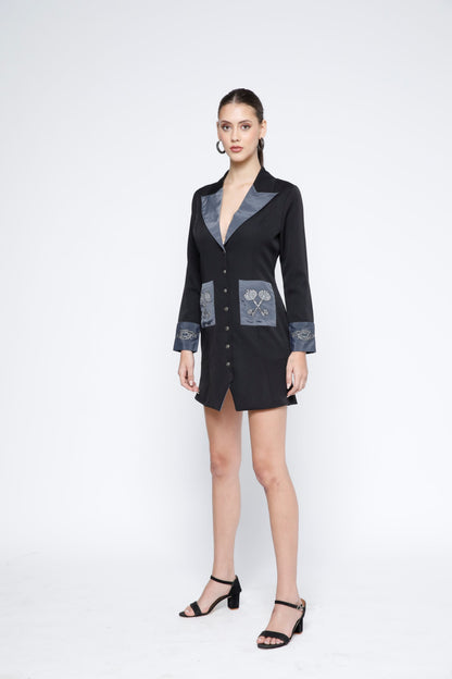 Vintage Lock and Key Embroidered Black Shirtdress