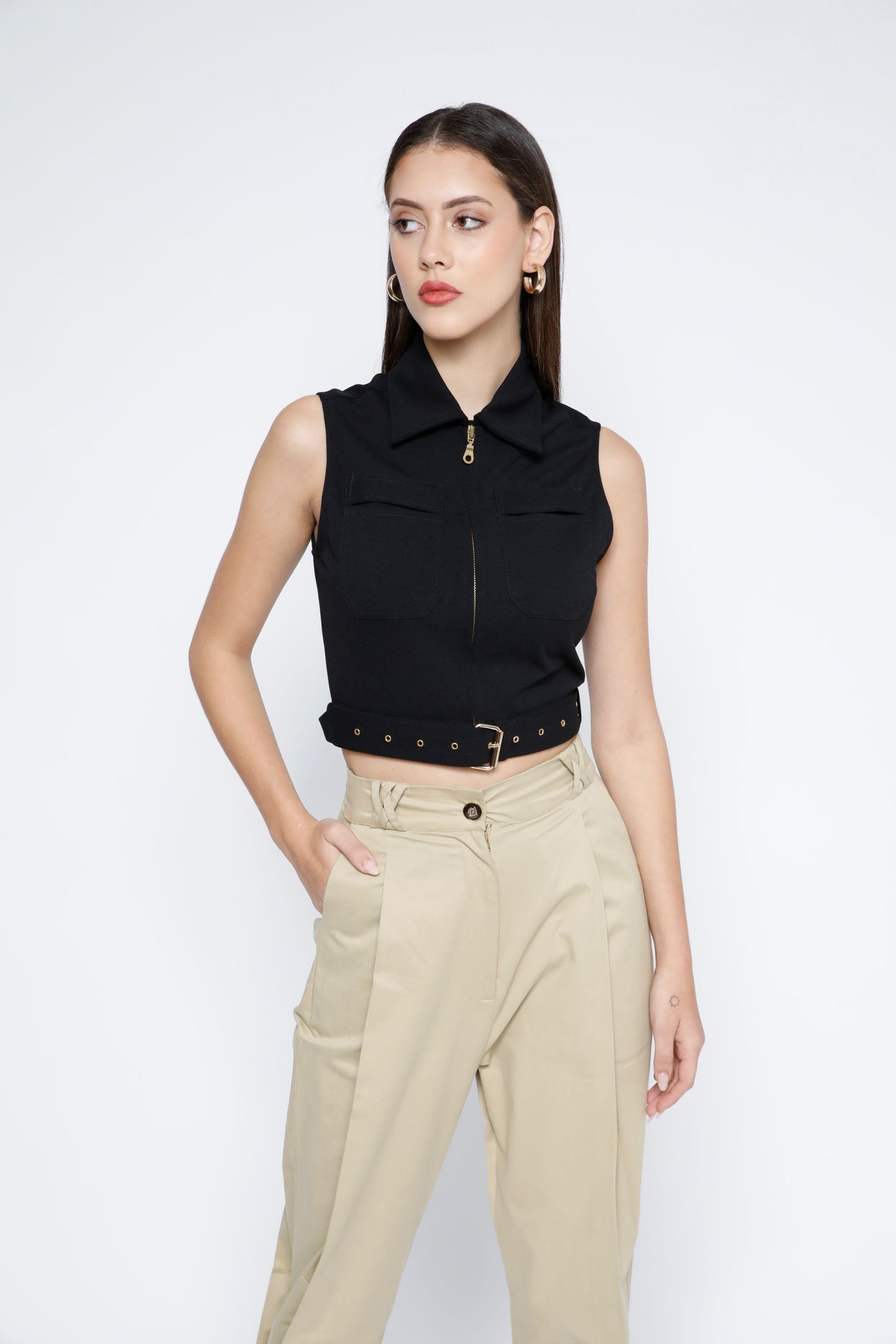 Gold Metal Zip Belted Crop Top -Black Beauty