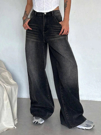 Retro Black Washed Super Wide Leg Jeans