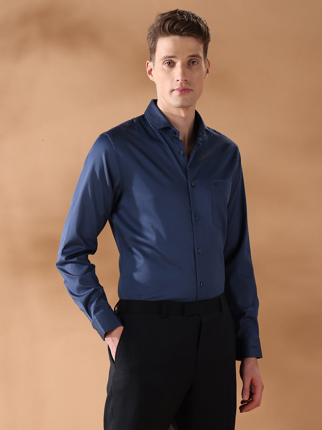 Navy Slim Fit Solid Formal Shirt for Men (DEXTER)
