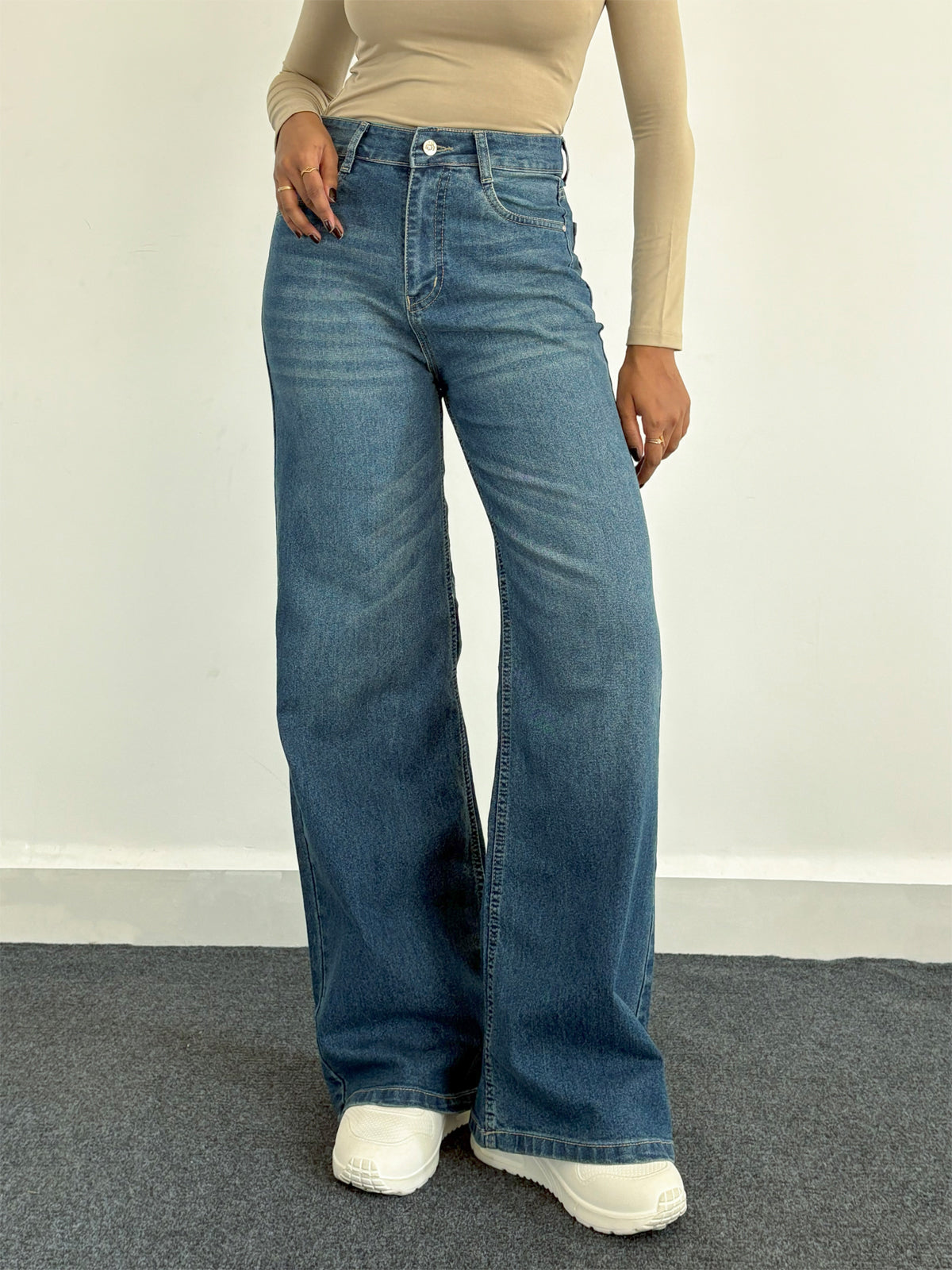 Luxe Vintage Aqua Blue Cat Whisker Stretchable Wide Leg Jeans