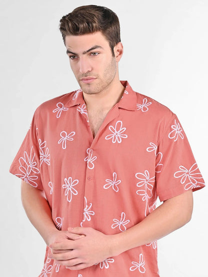 Men's Box-Fit Floral Embroidered Linen Coral Shirt Vellure
