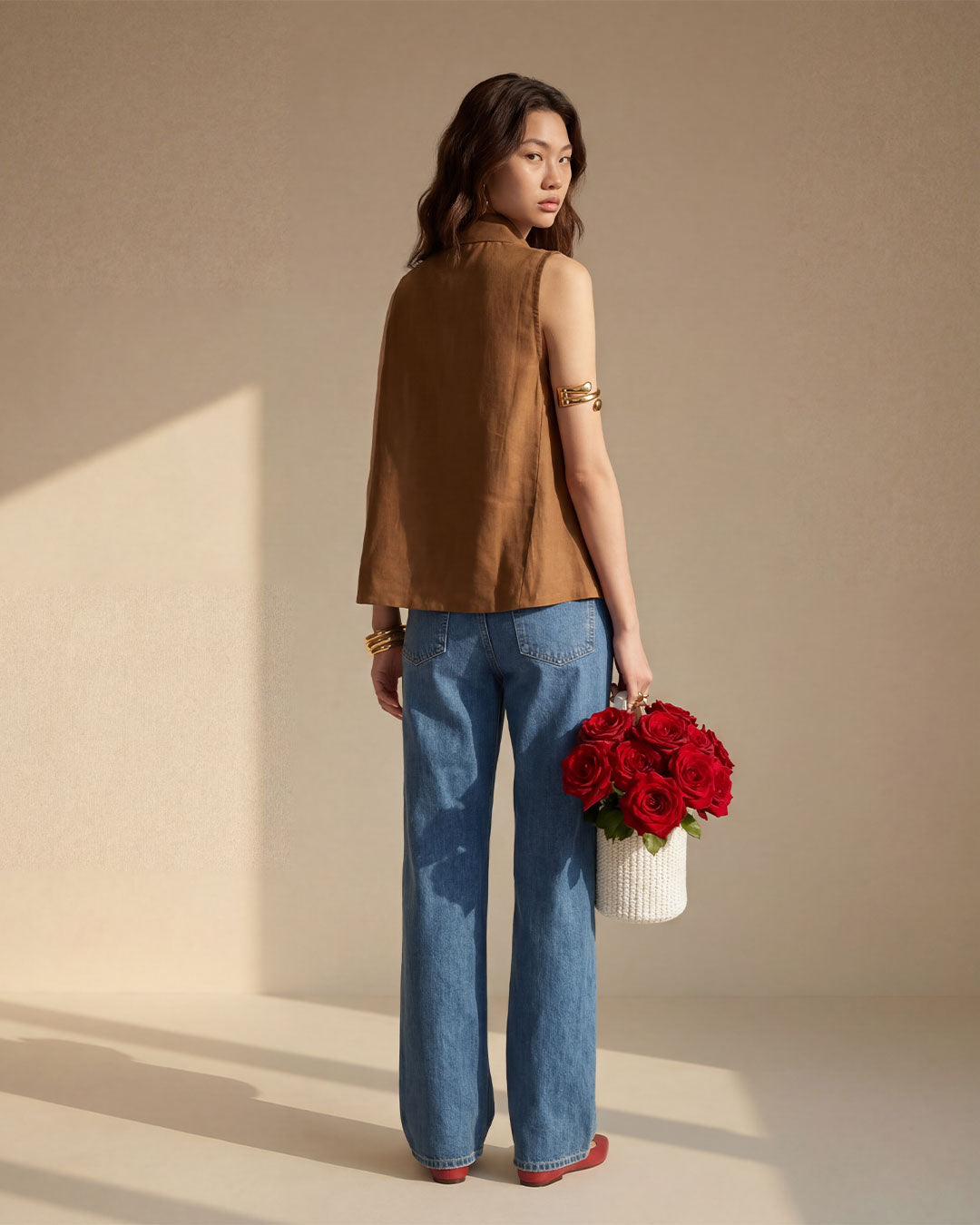 Brown Sleeveless Linen Shirt
