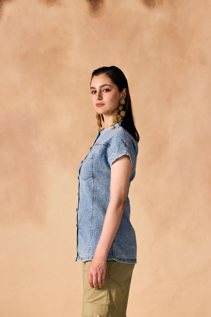 Button-Up Stone Washed Denim Shirt