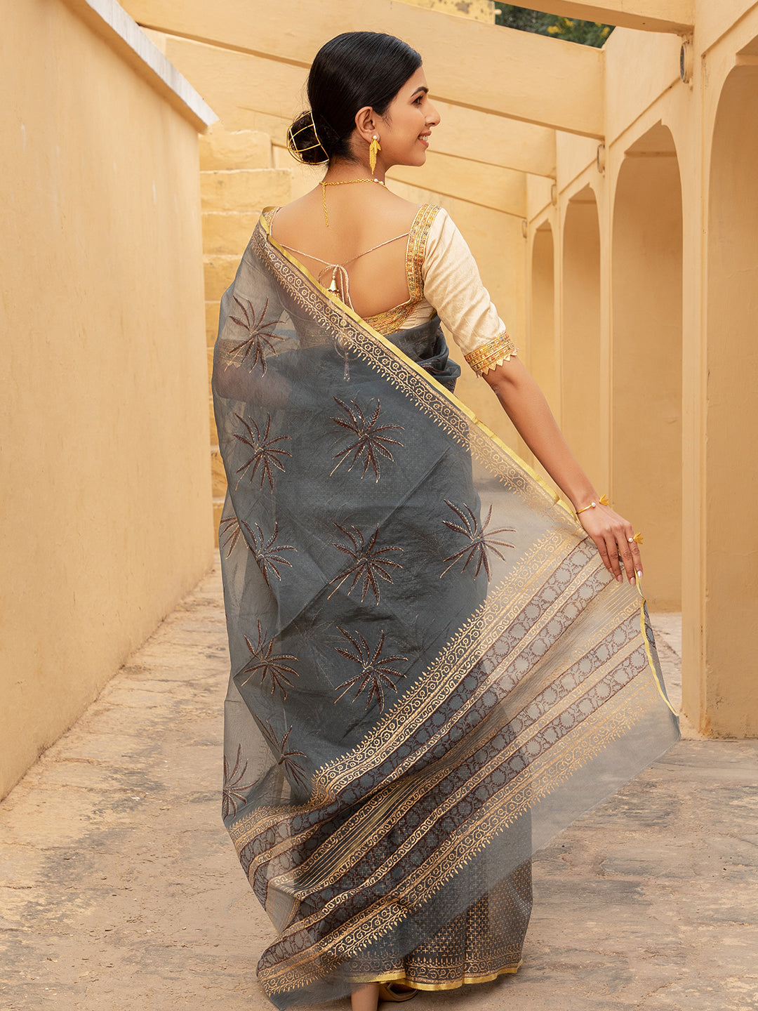 Grey Palm Tree Organza Saree