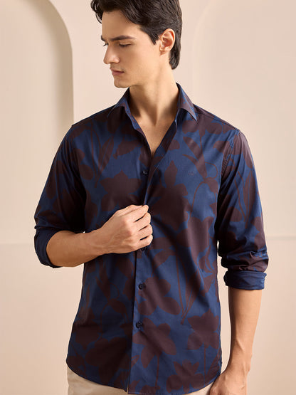 Navy Blue Regular Fit Printed Casual Poplin Shirt for Men (PISAL)