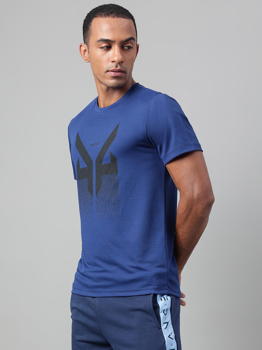 Alcis Men's Printed Navy Anti-Static Drytech+ Slim-Fit Training Tee