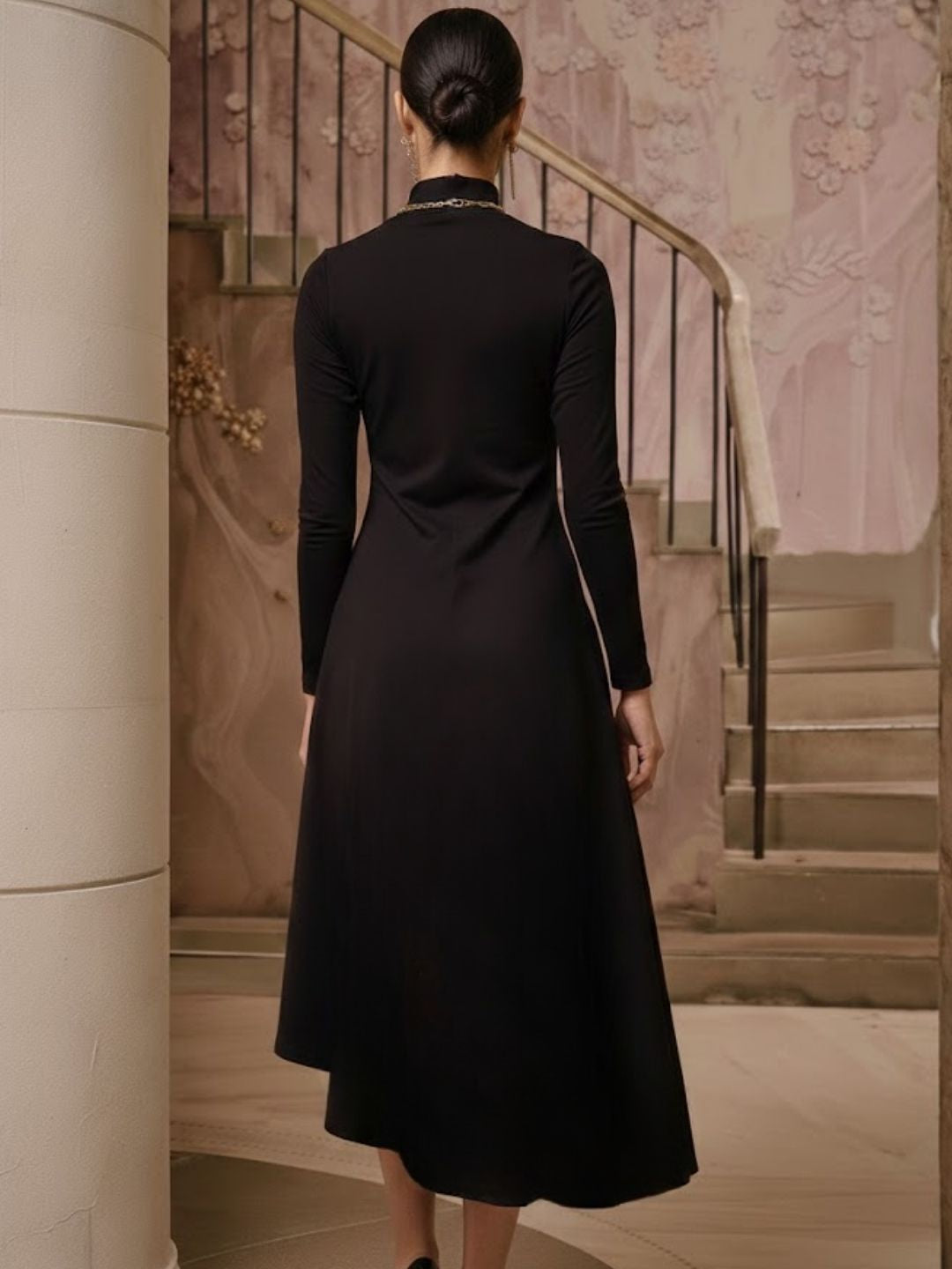 Women Black High-Low Hem Cotton Mock Neck Long Sleeves A-Line Midi Dress