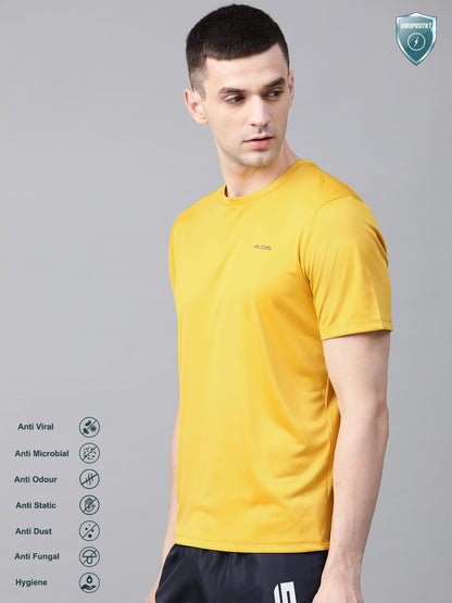 Alcis Men Yellow Solid Slim Fit Round Neck VIROPROTKT T-shirt