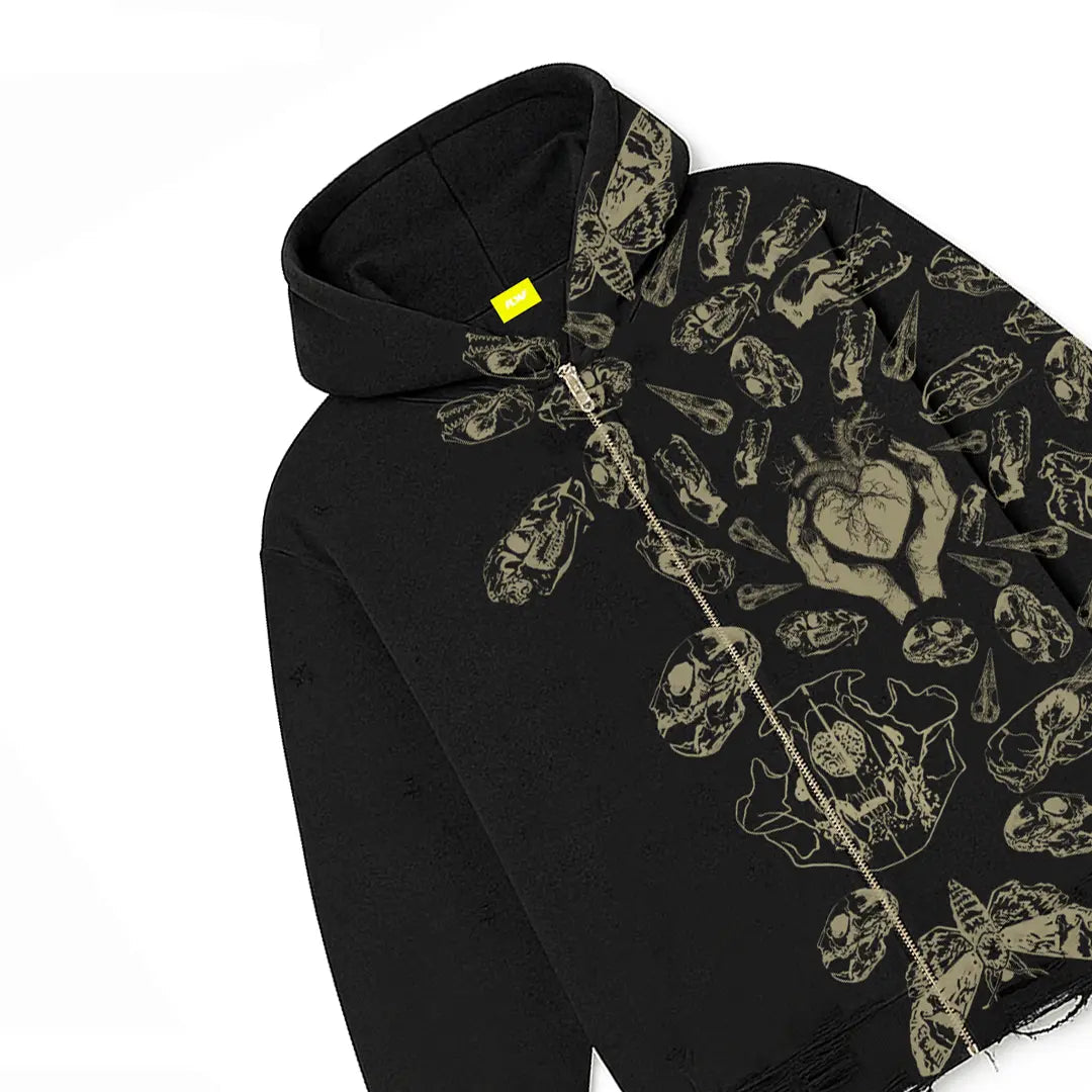 Fractured Pulse Printed Black Zipper Hoodie FLYAF