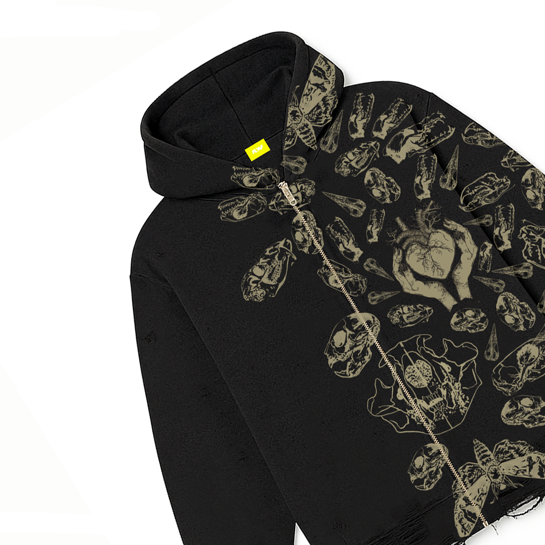 Fractured Pulse Printed Black Zipper Hoodie