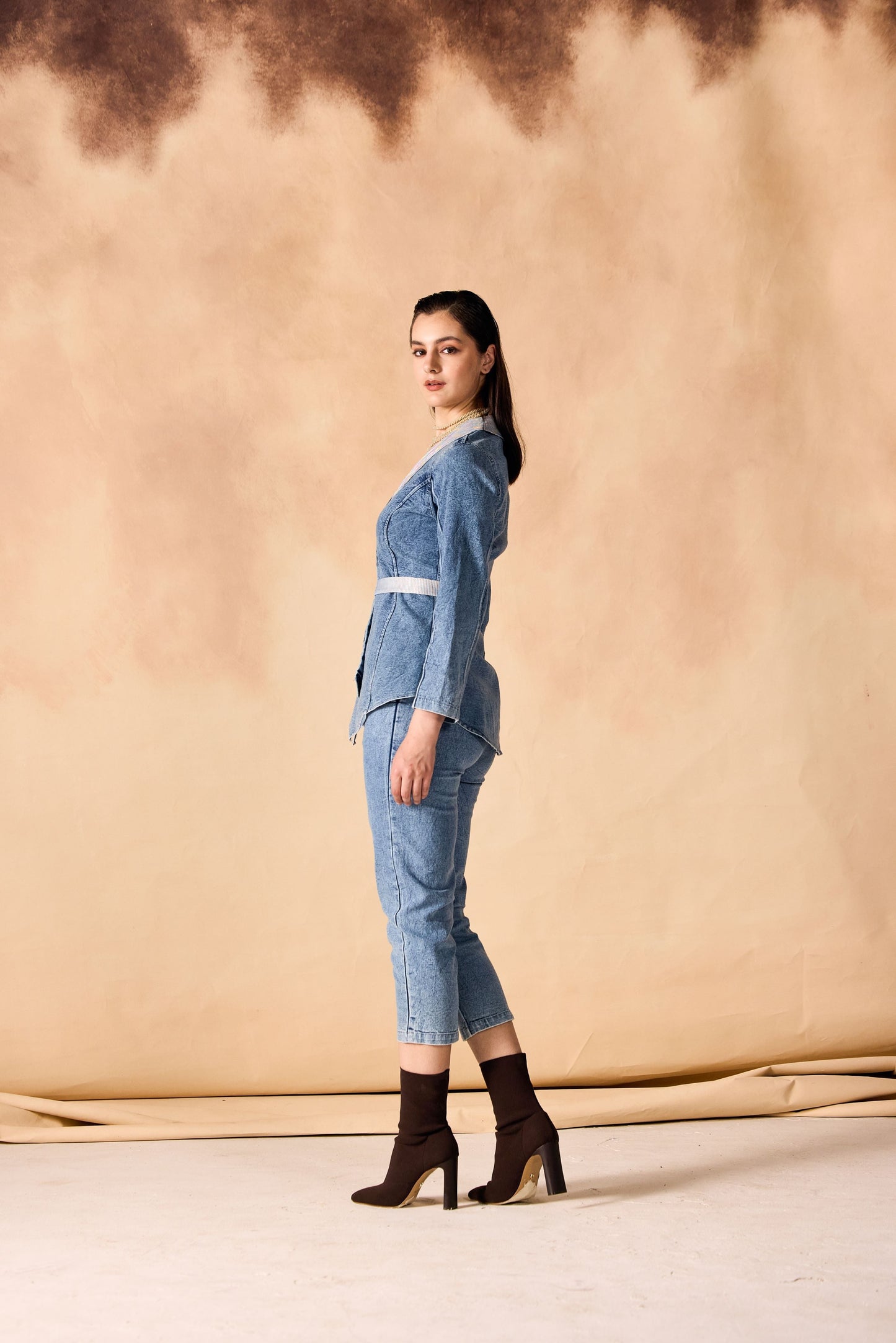 One Button Jacket & Pant Acid Washed Denim Co-Ord Set