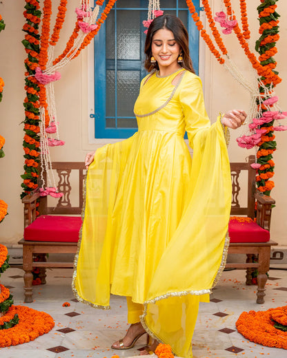 Yellow Chanderi Cut-Out Suit Set