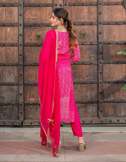 Pink Bandhani Muslin Suit Set